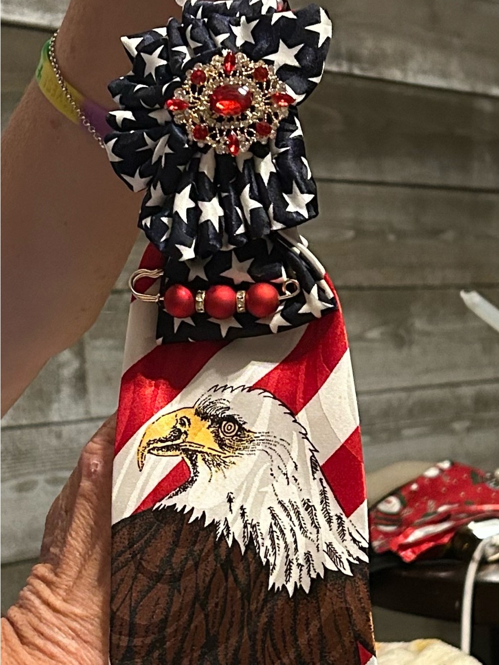 Patriotic Eagle necktie necklace Red, White & Blue adorned with a red brooch - Picture 2 of 2